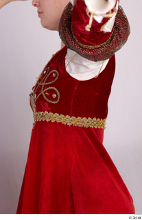  Photos Woman in Historical Dress 78 17th century decorated historical clothing lace red decorated dress upper body 0006.jpg